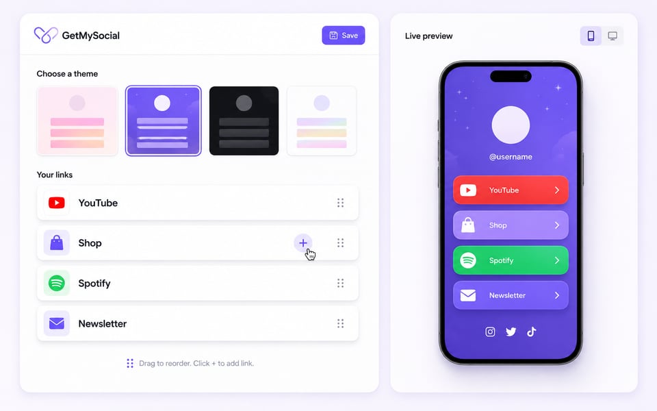 GetMySocial page editor with theme picker and link list